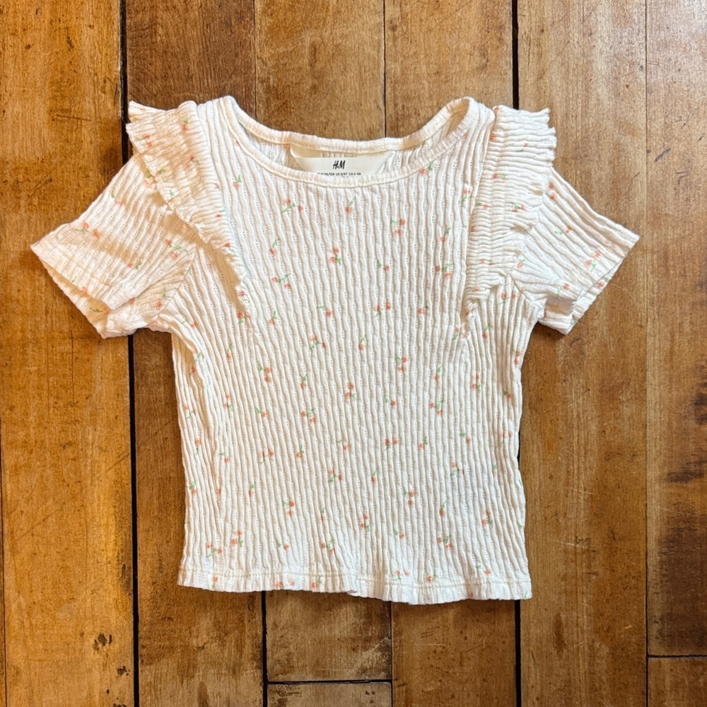 H&M Cream floral short sleeve shirt size 3 pointelle ruffles cotton